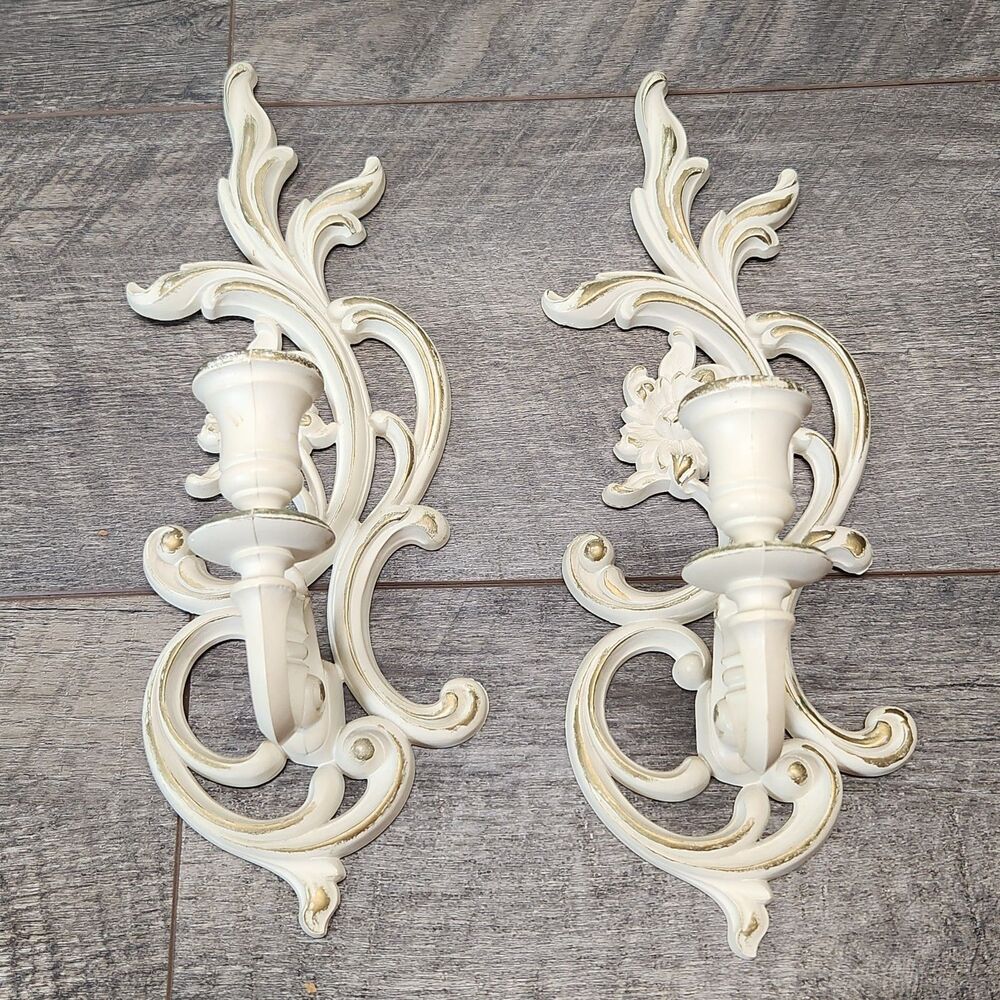 Vtg 2 Piece Set Syroco Candle Wall Sconces Ornate Wall Decor 13" White Gold USA